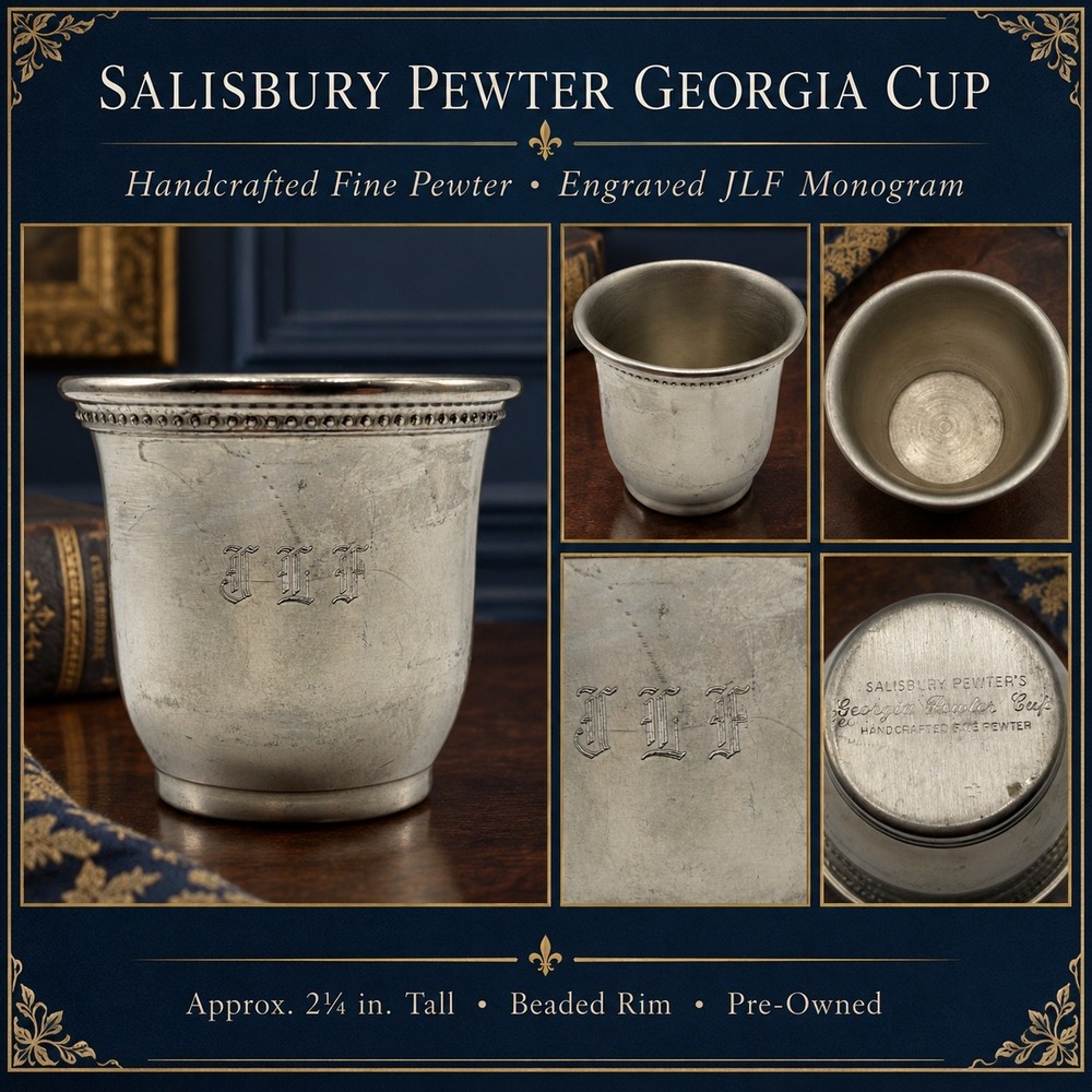 Salisbury Pewter Georgia Cup Handcrafted Beaded Rim Engraved JLF Monogram 2.25in